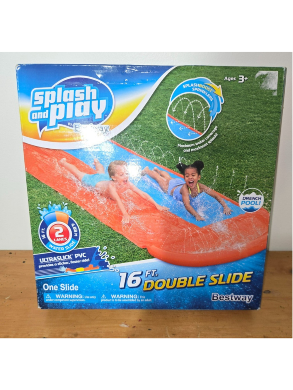 H2OGO! Double Water Slide 16' Drench Pool Built in Sprinklers Slippery Slip
